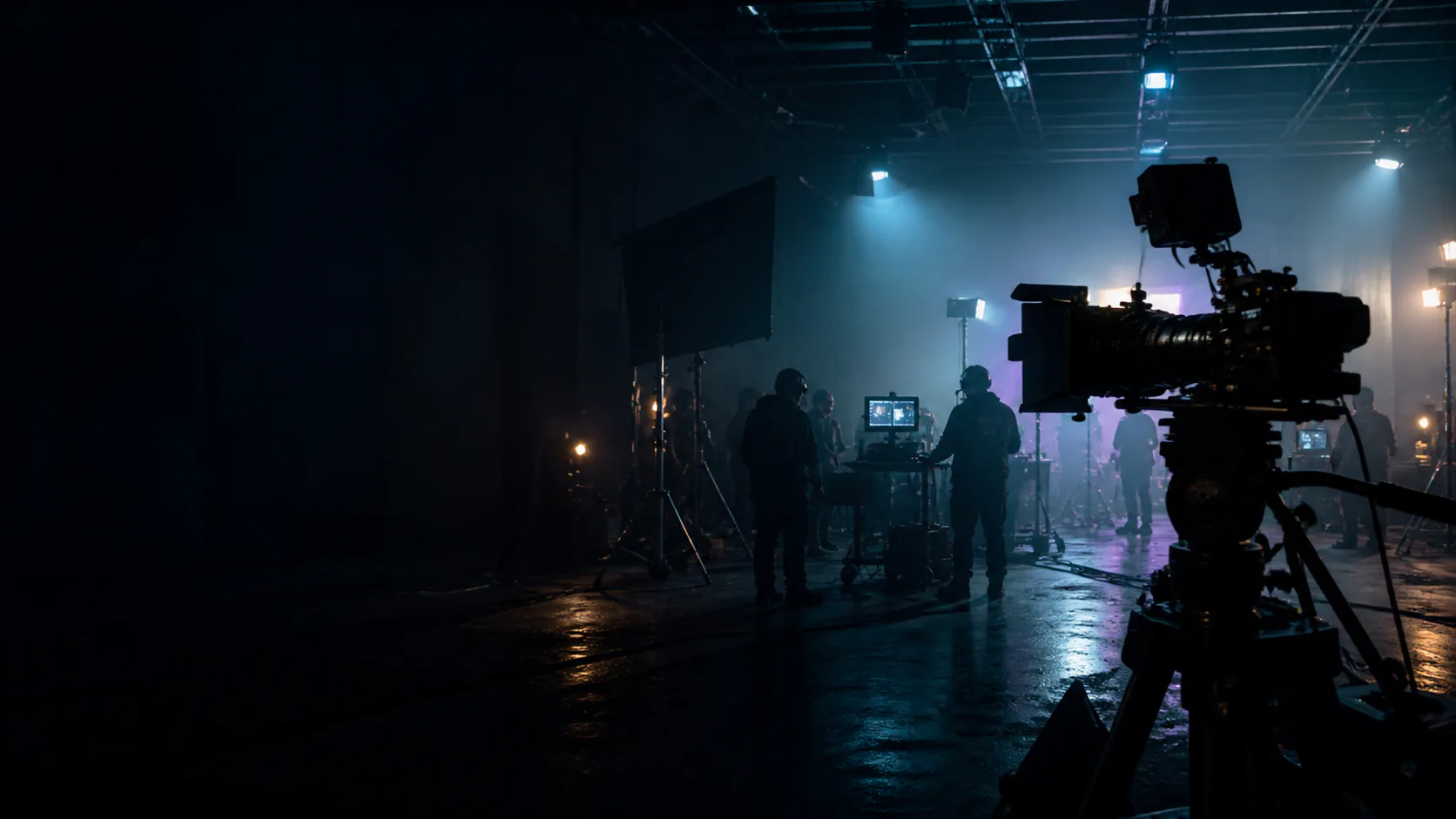 A professional film crew working around a cinema camera and production monitors on a dark soundstage.